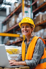 Warehouse worker smiling and using laptop for inventory management, wearing safety helmet and vest