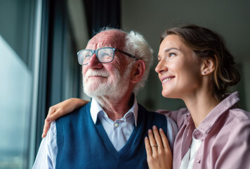 Young nurse supporting and comforting elderly man looking out the window, hoping for better days