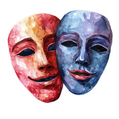 Theater Masks, watercolor painting vector, high quality, isolated on a white background.