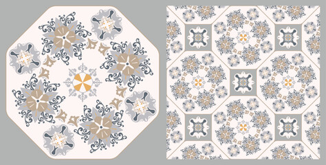 Seamless Azulejo tile. Portuguese and Spain decor. Ceramic tile with Victorian motives. Seamless Floral pattern. Vector hand drawn illustration, typical portuguese and spanish tile