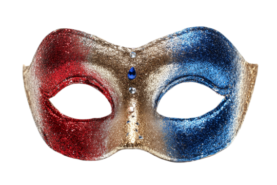 A set of decorative French celebration masks with gems and glitter in flag colors, isolated on a transparent background (4)