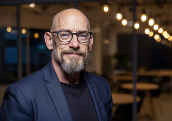 Portrait of a confident, smiling businessman wearing glasses and a suit, standing in a modern office filled with stylish design and warm lights