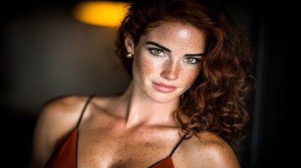 Close-up portrait of a woman with curly red hair and freckles looking confidently at the camera