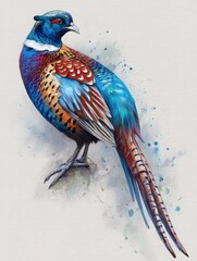 This artwork features a male pheasant with striking blue and copper feathers. The bird stands confidently, surrounded by soft splashes of color that enhance its beauty.