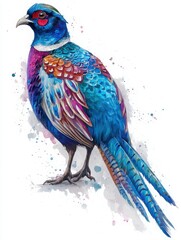 A beautifully illustrated bird displays a striking mix of blue, purple, and red feathers. Its detailed plumage and graceful pose create an eye-catching representation of avian beauty.