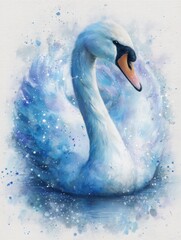 A graceful white swan occupies the center of the artwork, its feathers blending into soft blue hues. Watercolor splashes enhance the tranquil atmosphere, evoking a sense of calm.