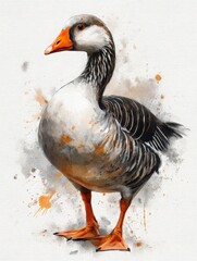 A stunning illustration of a goose stands confidently, showcasing its detailed feathers and vibrant orange beak. The background has soft, artistic splashes that enhance its elegance and charm.