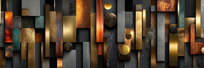 modern sculptural wall composition, vertical golden and grey wall decor, abstract rectangle interior structure