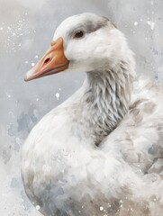 A close-up view of a white goose showcases its soft feathers and calm demeanor. The background is a blend of light colors, enhancing the peaceful nature of the bird.