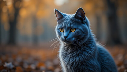 Grey Cat Portrait Sitting Calmly in Autumn Leaves with Blurred Background