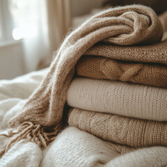 Pile of colorful sweaters on a cozy bed, creating a warm and inviting scene.