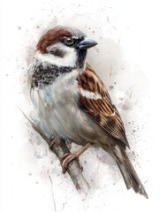 A sparrow is perched on a slender branch, displaying intricate details in its feathers.
