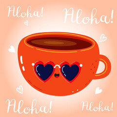 Orange Coffee Cup with heart shaped sunglasses saying aloha, ideal for summer vacation, hawaiian vibes, and coffee lovers