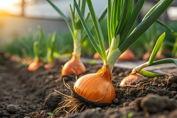 Closeup of freshly grown onions in a garden bed at sunset