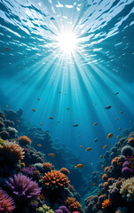 Obraz premium Vibrant coral reefs underwater scene celebrating world reef awareness day. Horizontal banner. Copy space. 