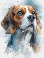 A vibrant watercolor artwork features a beagle with striking brown and white fur. The dogs expressive eyes draw attention, framed by soft splashes of blue, enhancing its charming character.