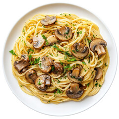 Delicious spaghetti pasta with sauteed mushrooms served on a plate on transparent background