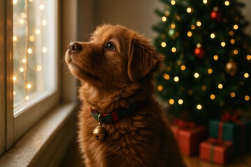 Festive Golden Dog Gazes Out Window on Christmas Eve, Waiting for Santa Claus and the Holiday Season Full of Joy