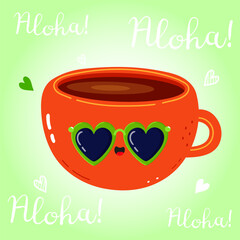 Cheerful orange Ceramic Mug featuring kawaii smiley face, sporting heart sunglasses, decorated with aloha text, perfect for summer design