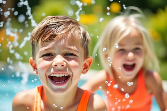 Happy children playing in swimming pool splashing water summer fun
