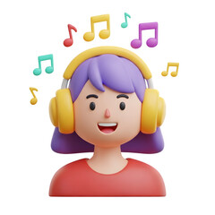 3D Female with Headphones & Music Notes - Listening to Music, Audio Entertainment, Relaxation, Sound Enjoyment, Isolated Character, Generative AI