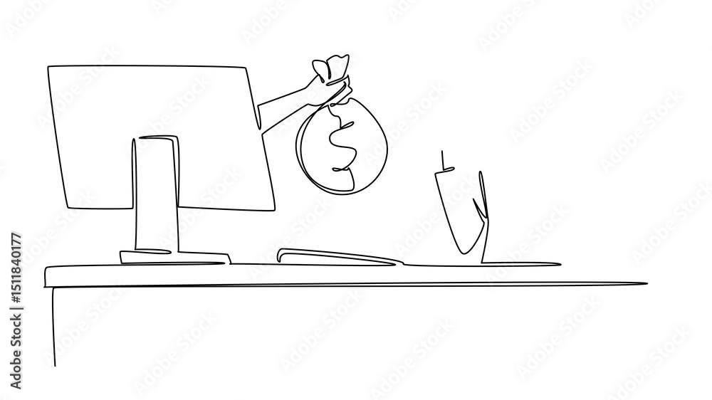 Poster animation of single line drawing hands out of monitor screen while holding a money bag. get addition