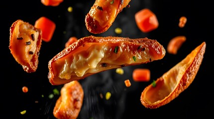 Delicious fried dumplings with cheese and vegetables on a black background food photography