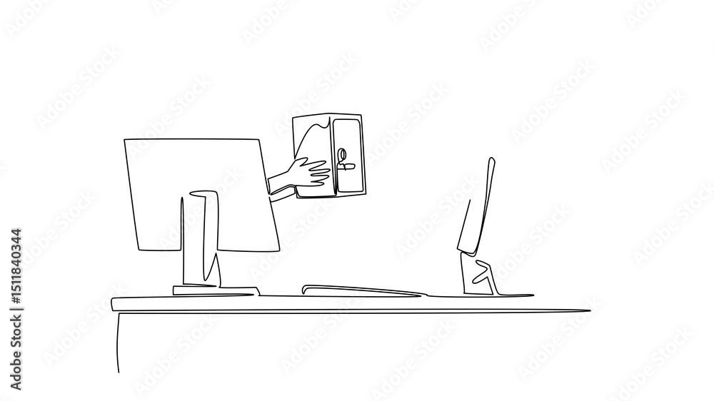 Poster animation of single one line drawing hands out of the monitor screen while holding a safe deposit bo