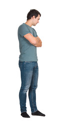 Full length side view portrait of thoughtful young man hands crossed looking down isolated on transparent background