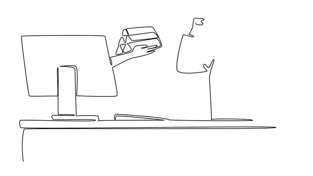 Self drawing animation of single continuous line drawing hands out of monitor screen while holding a gold stack. A token of gratitude for devotion. Things from Screen. Full length animated