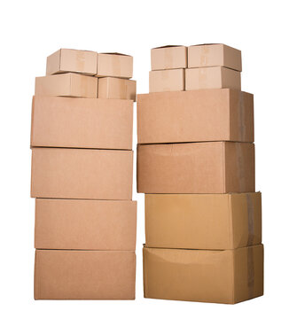 Stack of cardboard boxes isolated on transparent background. Delivery cargo warehouse storage