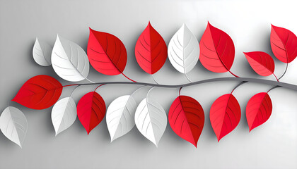 Elegant 3D Paper Leaves: Red and White Decorative Foliage on Branch