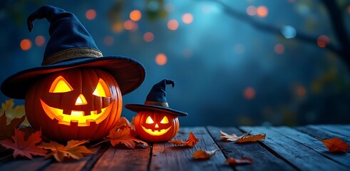 Spooky halloween jack o lanterns wearing witches hats