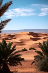 Desert Oasis: Palm trees frame a breathtaking view of rolling sand dunes under a vibrant blue sky, creating a serene desert landscape.