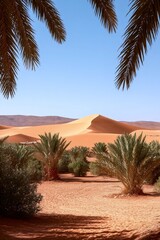 Desert Oasis Scene: A breathtaking desert oasis framed by palm trees, with golden sand dunes under a clear blue sky. Capturing the allure of a remote and captivating desert landscape.