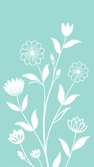 Obraz premium Elegant floral line art arrangement in white on a pastel blue screen background