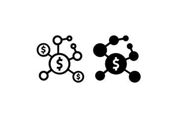 Two dollar sign icons connected by lines and circles on white  isolated on transparent background, no background