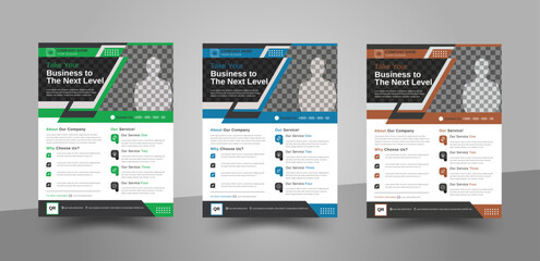 Corporate business flyer template design set, A4 size 3 different colour flyer, it' company flyer and editable vector template design, the creative trendy business flyer design,  brochure design.