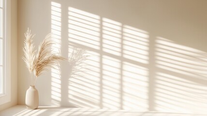 Natural light creating an abstract pattern of shadows from a window on a and wall beige floor, perfect for background and design projects