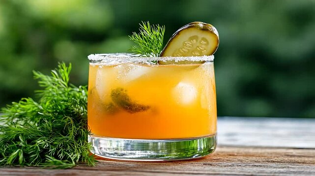 Refreshing pickle cocktail with dill garnish on wooden surface