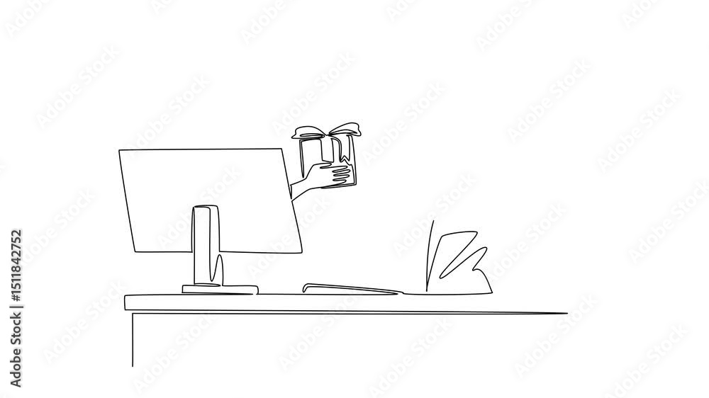 Poster self drawing animation of single continuous line drawing hands out of the monitor screen while holdi