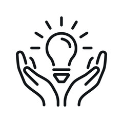 Hands holding bulb vector line icon