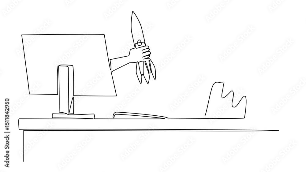 Poster animation of single continuous line drawing hands out of the monitor screen while holding rocket. fu