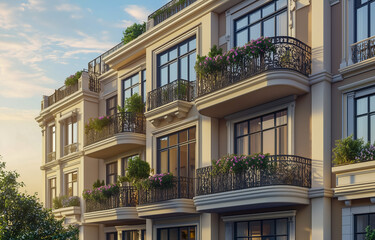 Naklejka premium Elegant apartment building with balconies and greenery in modern architecture