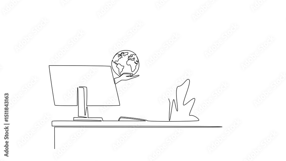 Poster animated self drawing of continuous one line drawing hands out of the monitor while holding a globe.