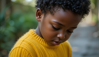 Boy in Yellow Sweater Looking Downward in Natural Light Portrait