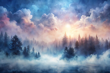 Watercolor with foglike drifts and cloudy overlays