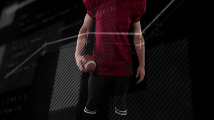 Male athlete holding football on start tech charts scrolling rising for analysis as stance shifting