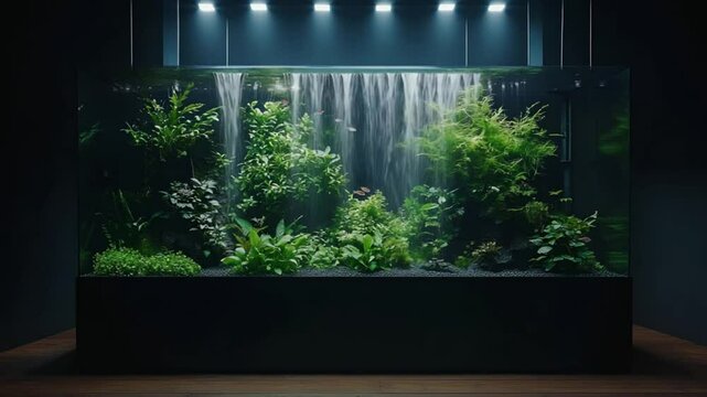 A rectangular aquarium showcases a lush, verdant aquatic ecosystem, featuring a central waterfall cascading through a variety of aquatic plants and possibly small fish. 