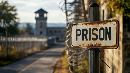 Rusty prison sign with guard tower in the background